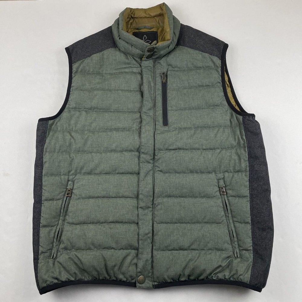PrAna Puffer Down Vest Men’s XL Green Black Quilted Nylon Blend Full Zip